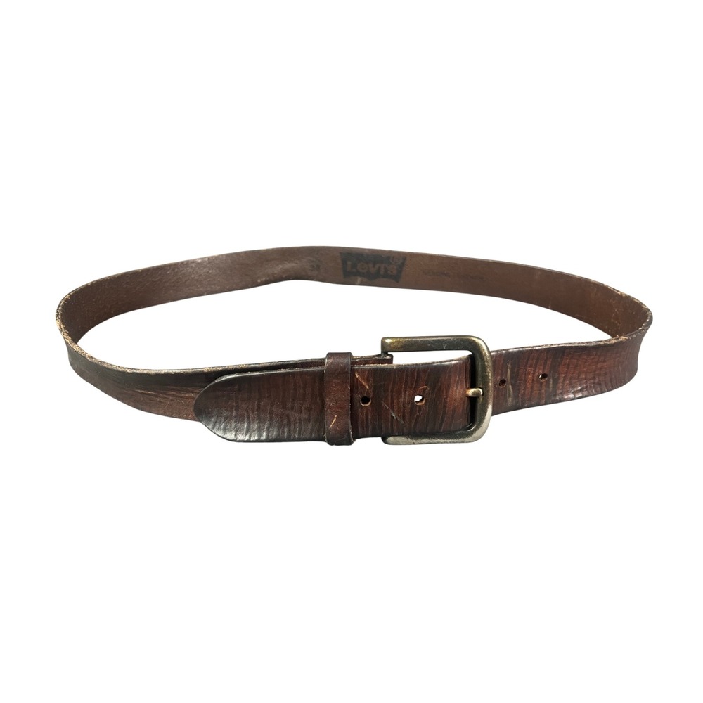 Levis Mens Brown Genuine Leather Belt Size 38 Distressed Vintage Western